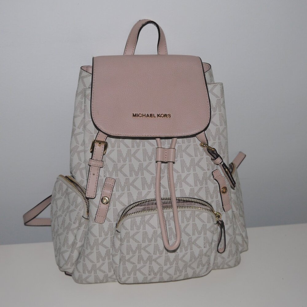 Michael Kors Rhea Medium Zip Backpack Vanilla Pink MK Signature